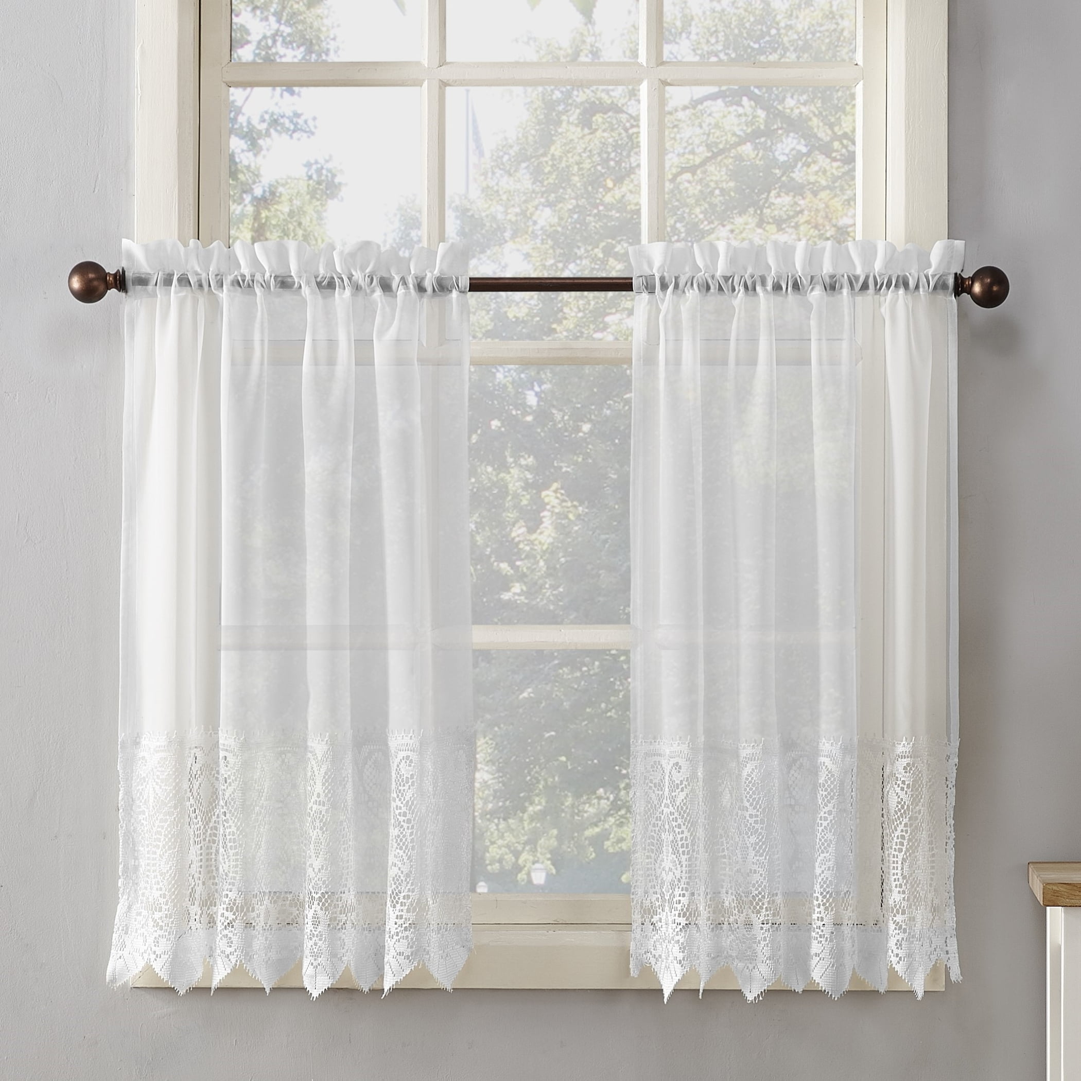 No. 918 Joy Macrame Lace Trim Semi-Sheer 60" x 24"" Rod Pocket Kitchen Curtains, Adult