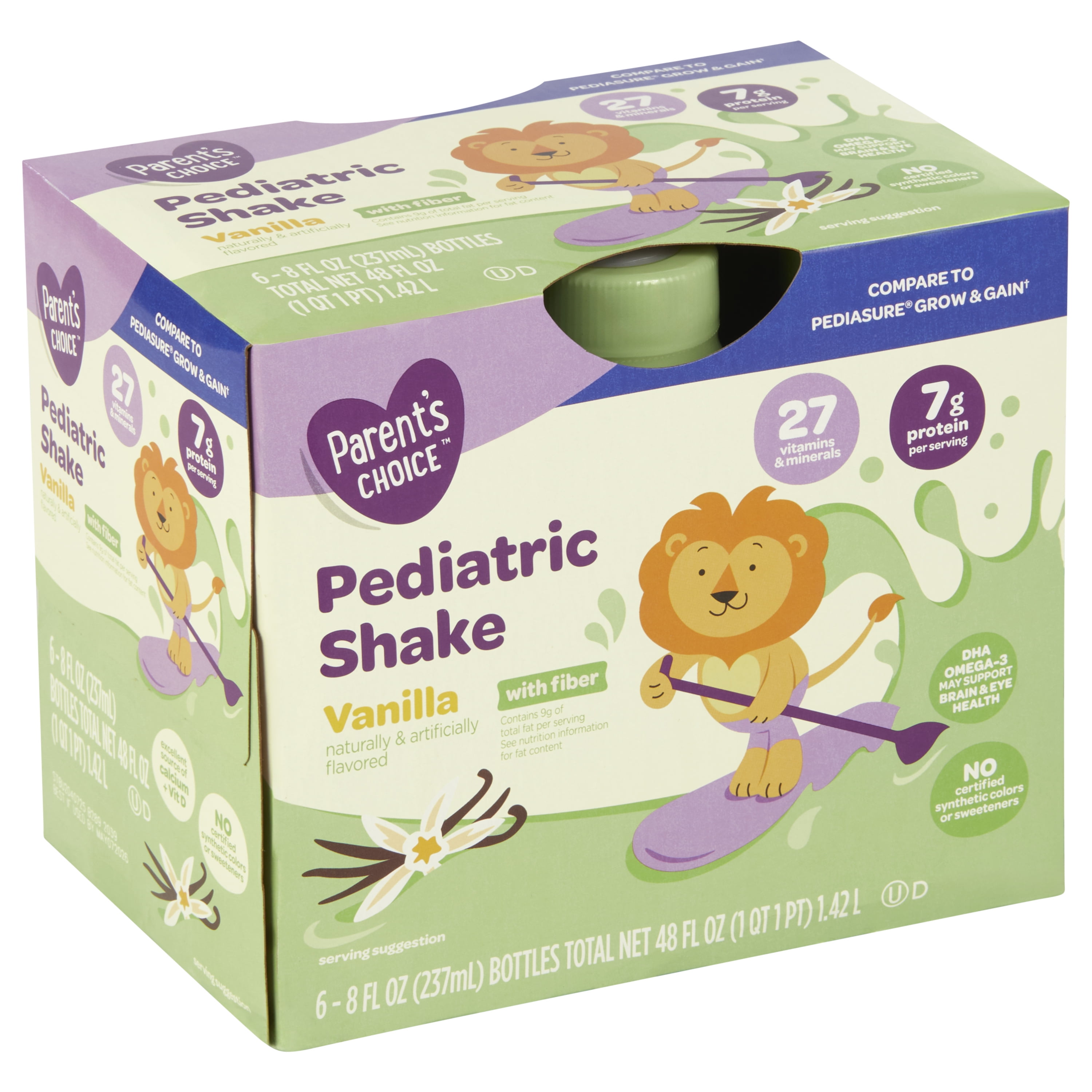 (3 pack) Parent's Choice Pediatric Shake, Vanilla with Fiber, 8 fl oz Bottle, 6 Shakes
