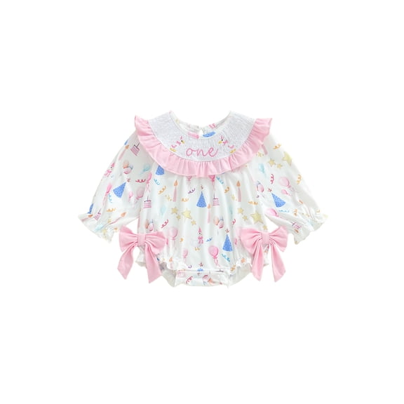 BemeyourBBs Baby Girls First Birthday One Years Old 1st Birthday Clothes Smocked Bubble Romper Bow Balloon Print Letter Embroidery Long Sleeve Ruffled Jumpsuit Bodysuit