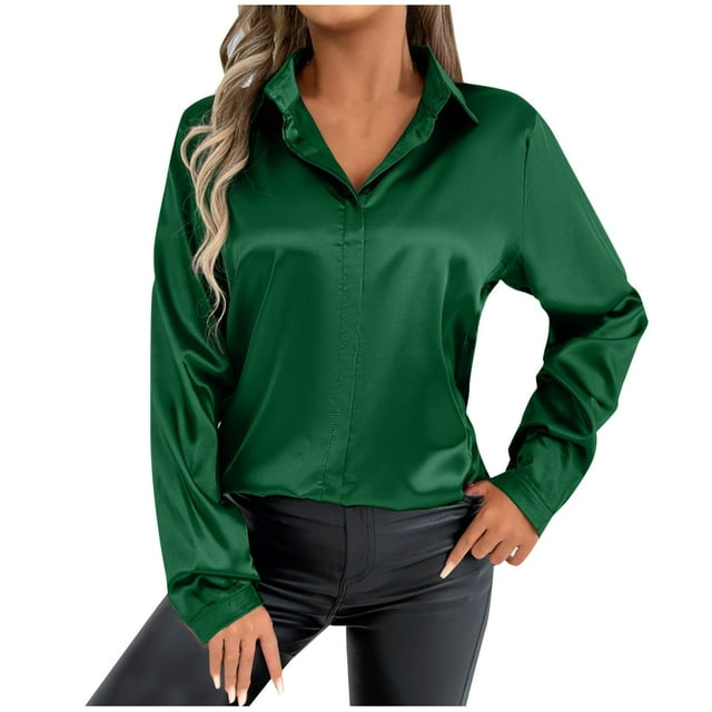 Liquidation de Hauts pour Femmes! Chemises Boutonnées en Satin pour Femmes, Hauts de Bureau - Tunique Décontractée à Manches Longues et Col Rabattu, Vert P
