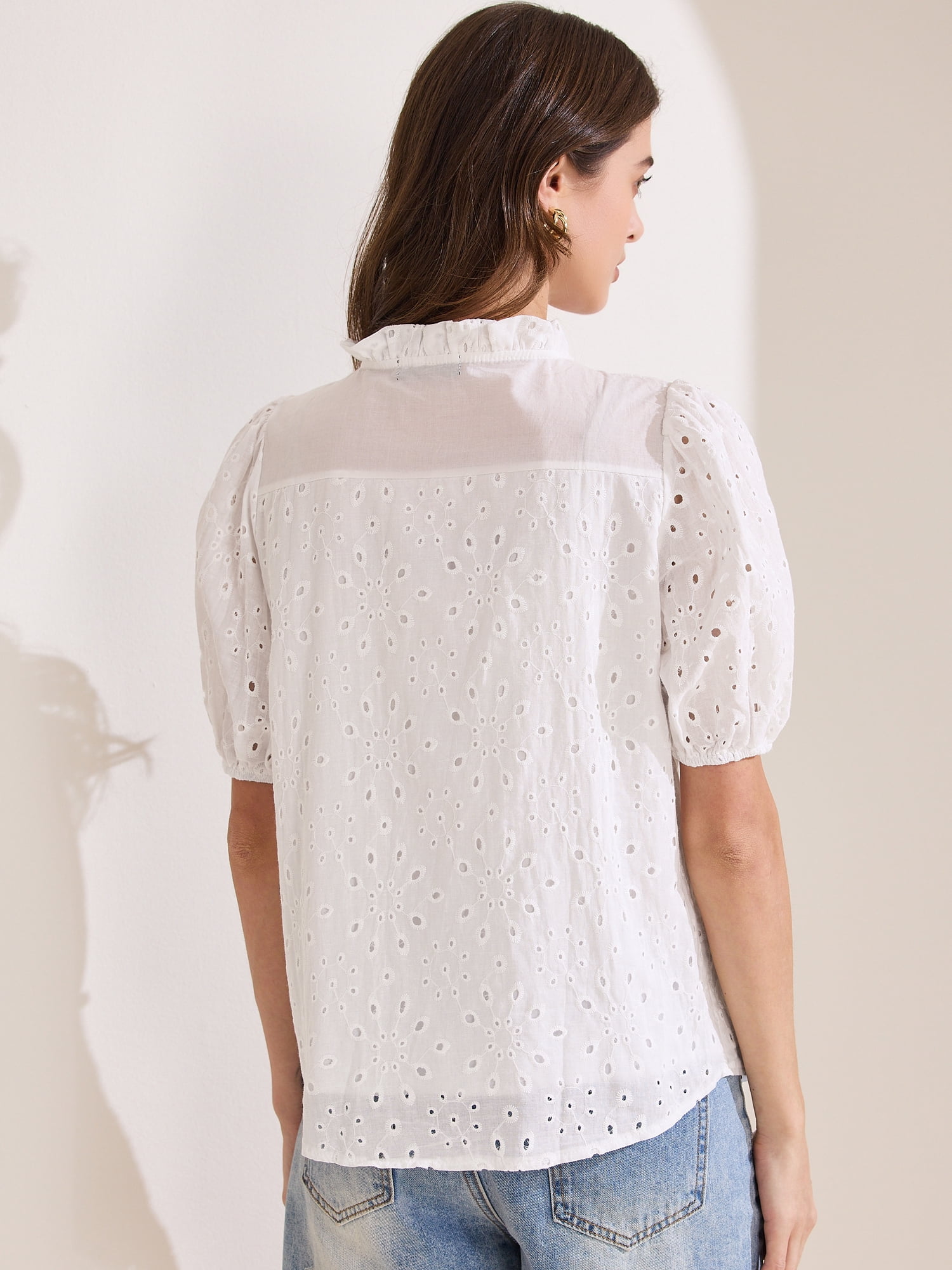 DARING DIVA Women's Crochet Hollow Out Ruffle Neck Peasant Blouse M White