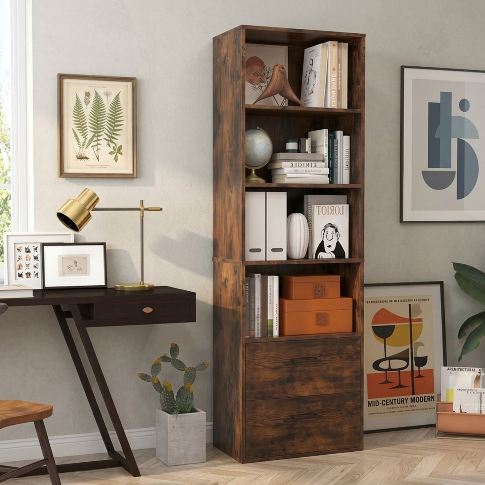 Furnibear 6-Tier Tall Freestanding Bookshelf with 4 Open Shelves and 2 Drawers for Home Office Living Room and Study, Rustic Brown
