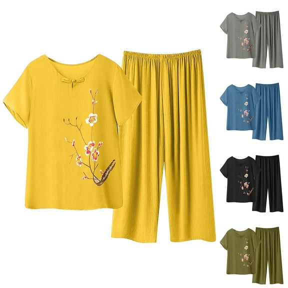 Jinhomg Lounge Sets for Women Casual Cotton Linen Lounge Sets Floral Print Short Sleeve Tops And Capri Pants Green,XXL