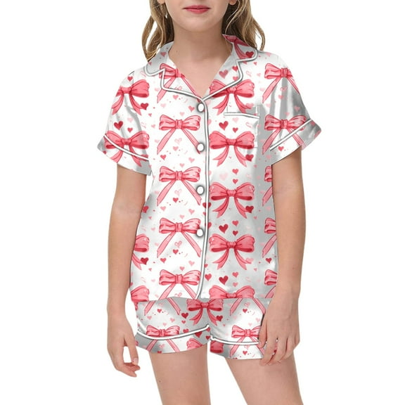 Teens Satin Pajamas for Boys Bow Print Girls Button Down Pajamas Set Classic Loungewear Cute Pjs for Girls 12-13 Years Kids Clothes