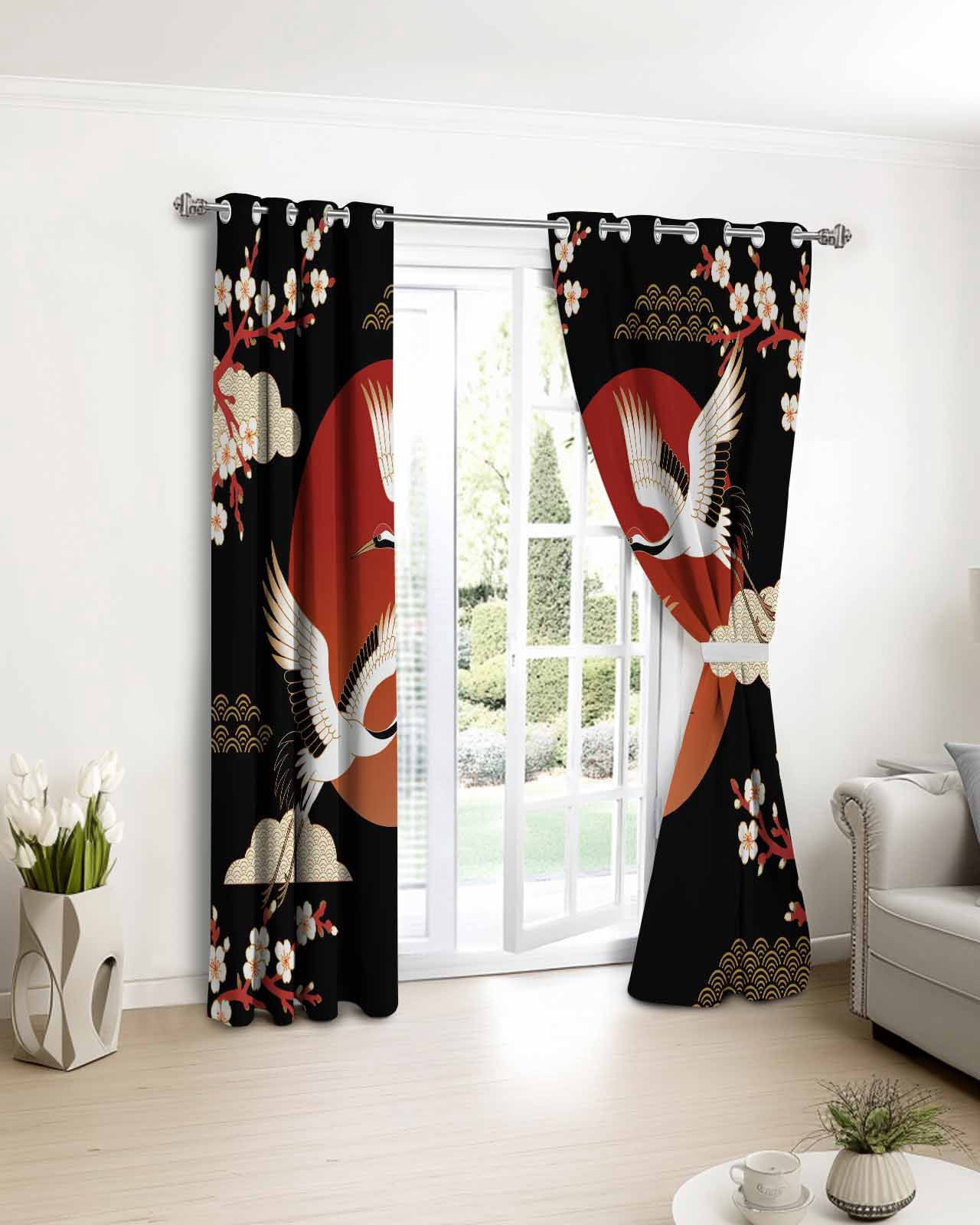 Japanese Style Blackout Curtains for Bedroom/Living Room, Thermal Insulated Kitchen Curtains, Modern Cranes Cherry Flower Wave Red Brown Grommet Darkening Window Treatment Drapes 42"x84"x2