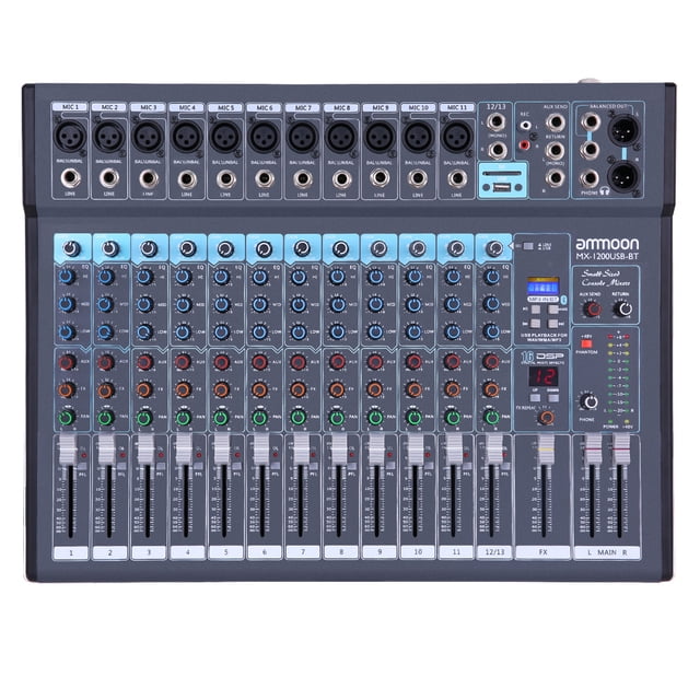 ammoon MX-1200USB-BT 12-Channel Mixing Console Mixer Built-in 16 DSP Effects +48V Phantom Power Supports BT Connection Memory Card/USB Flash Drive Input with Power Adapter for Studio Recording Network
