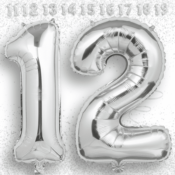 Silver Number 12 Mylar Foil Balloon 32 inch - Helium or Air Filled Metallic Balloons for 12th Birthday Party, Anniversary, Graduation Decorations
