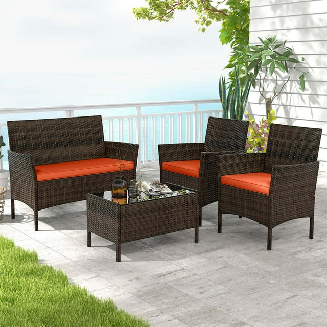 Costway 4 PCS Patio Furniture Set with Washable Cushions and Tempered Glass Coffee Table Orange