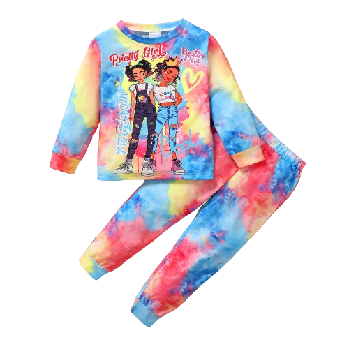 Mikrdoo 5-6 Years Little Girls Tie-dye Outfits 2Pcs Long Sleeve Cartoon Girls Pattern Long Sleeve Tops And Pants,Cute Clothes For Everyday Outdoor