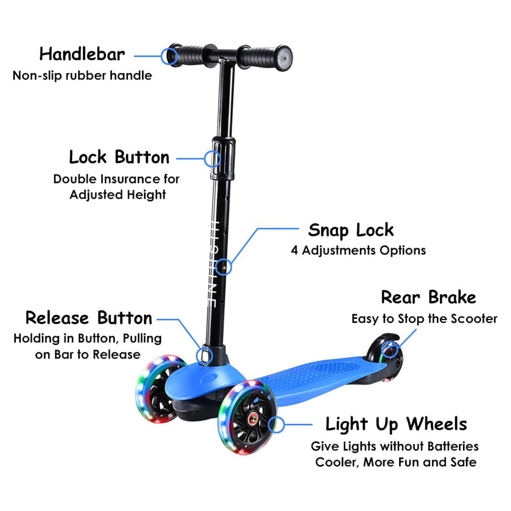 Hishine Kick Scooter for Kids with 3 Light Up Wheels and Adjustable Height for 2-7 Years Old Ages Girls and Boys Toddlers & Children, Lean to Steer, 3-wheeled Scooters, Blue