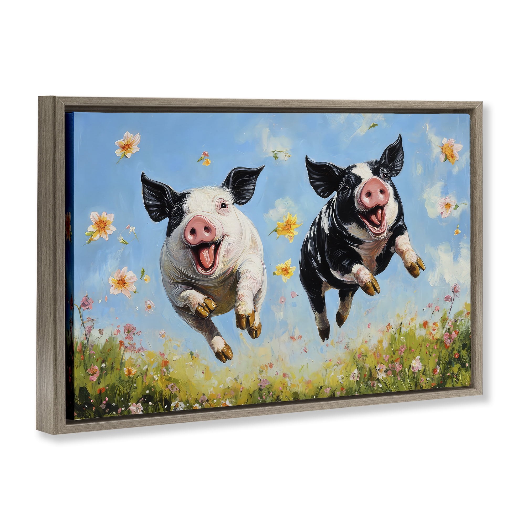 Stupell Industries Flying Pigs & Flowers Brown Framed Floater Canvas Wall Art, design by The Wands Want