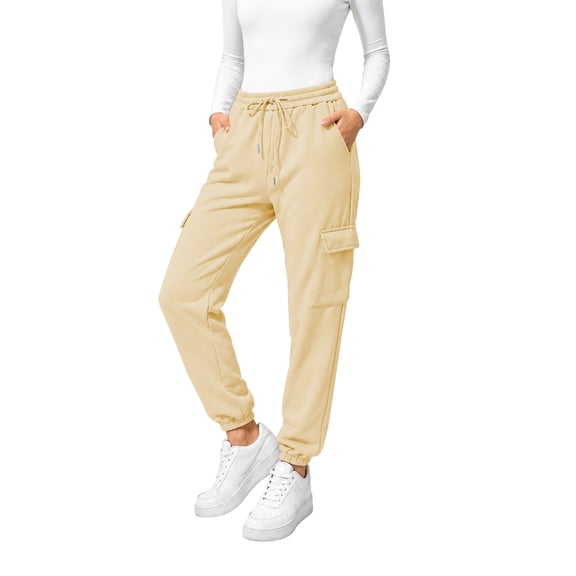 TEMOFON Sweatpants for Women Cargo Drawstring Joggers with Pockets Elastic Waistband Comfy Fall Pants Winter Clothes Fleece Lined Thermal Athletic Trousers Beige L