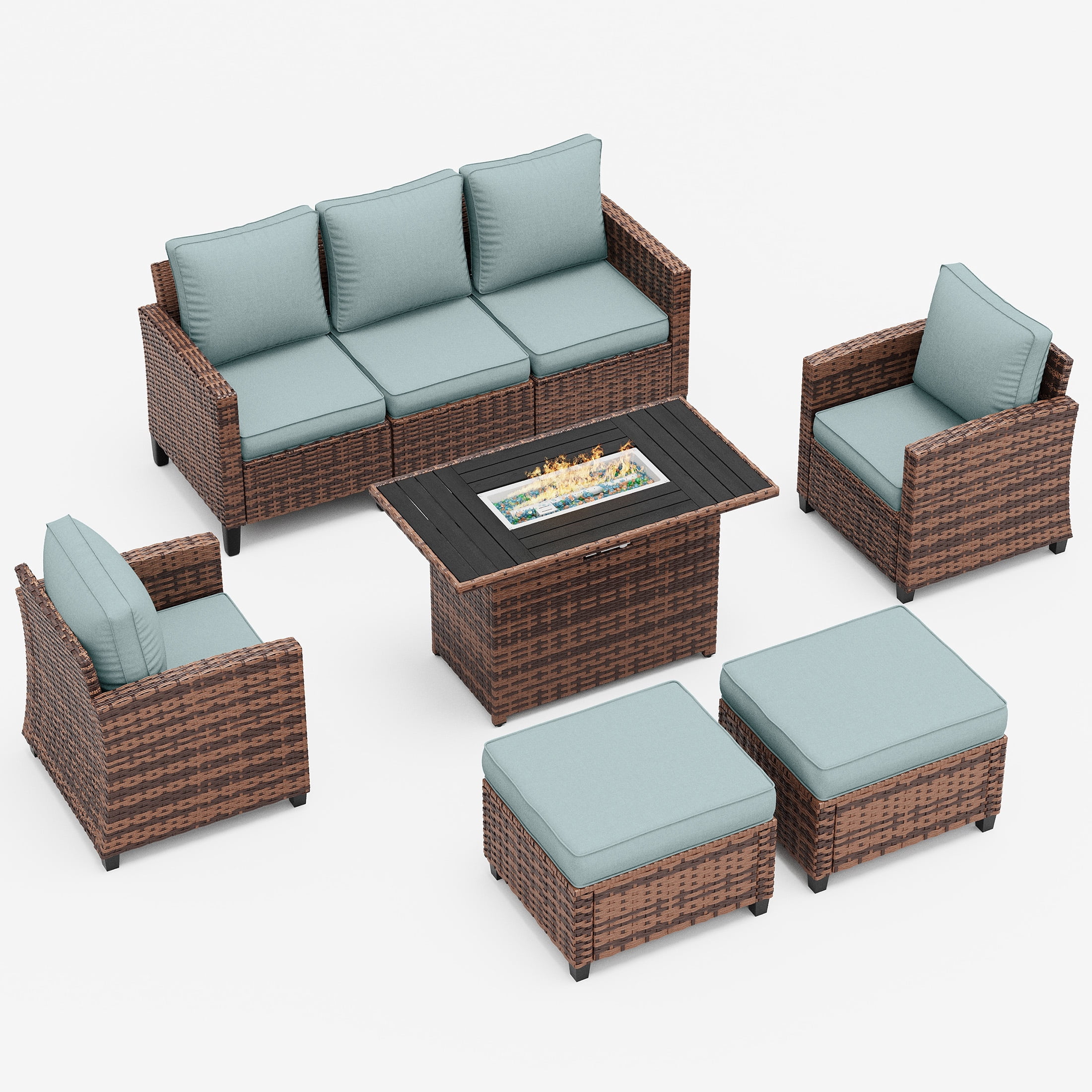 Poteban Patio Furniture Set with 44" Fire Pit Table, 6 Pieces Outdoor Sectional Conversation Sets, All-Weather Wicker Rattan Sofa Ottoman with 4" Thick Cushion for Garden Backyard Deck, Light Blue
