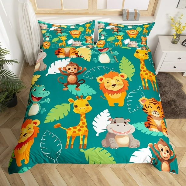 Jirafa de dibujos animados Funda Nórdica León lindo Juego de Cama Kawaii Dinosaurio Mono Tigre