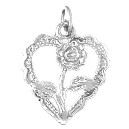 14K White Gold Heart With Rose Pendant - 18 mm