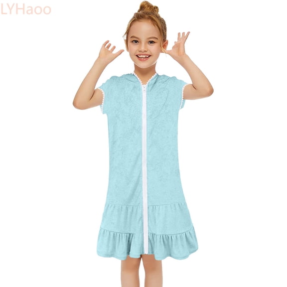 LYHaoo Little Girls Swim Cover Up Kids Swimsuit Coverup Zip Up Beach Bathing Suit Hooded Bathrobe Absorbent Terrys Beach Dress,Cute Girls Dresses Sizes 3-4 Years Green