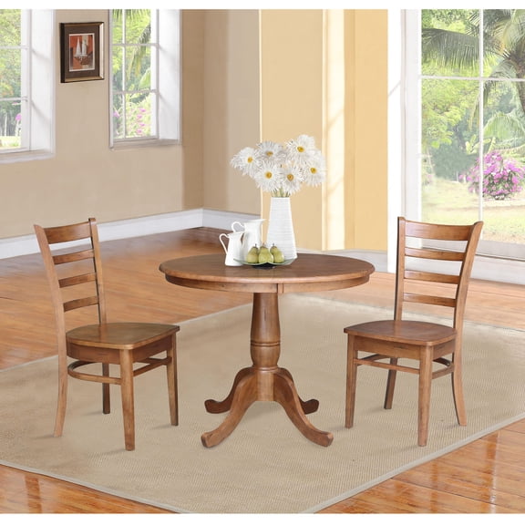36" Solid Wood Round Pedestal Table in Distressed Oak with 2 Emily Chairs