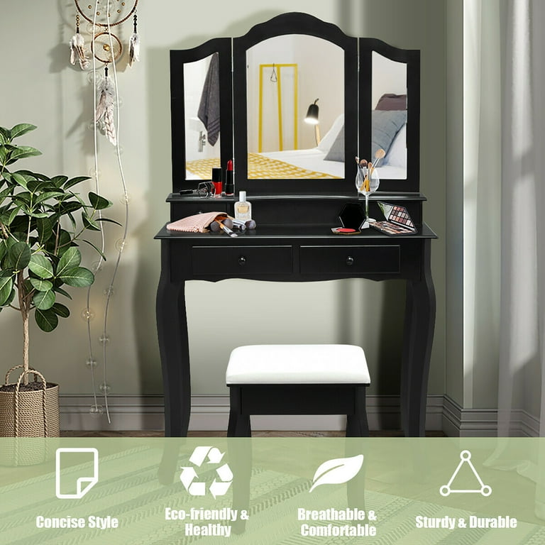 Costway Vanity Makeup Dressing Table Set W/Stool 4 Drawer&Mirror Jewelry  Wood Desk Black