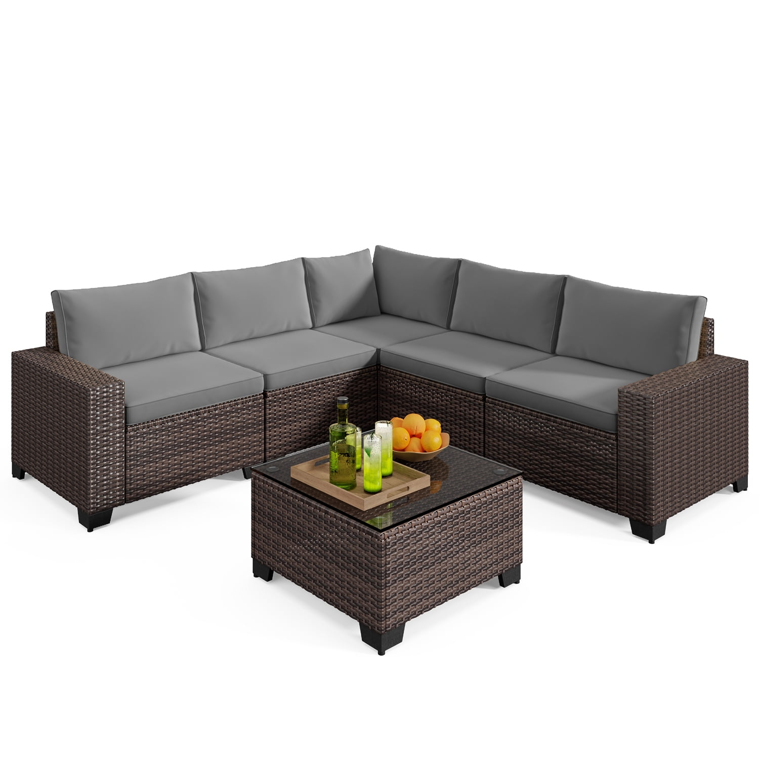 Aiho 6-Piece Outdoor Patio Furniture Set, PE Wicker Rattan Sectional Sofa Conversation Set with Thickened Cushions and Coffee Table for Garden, Backyard, Grey