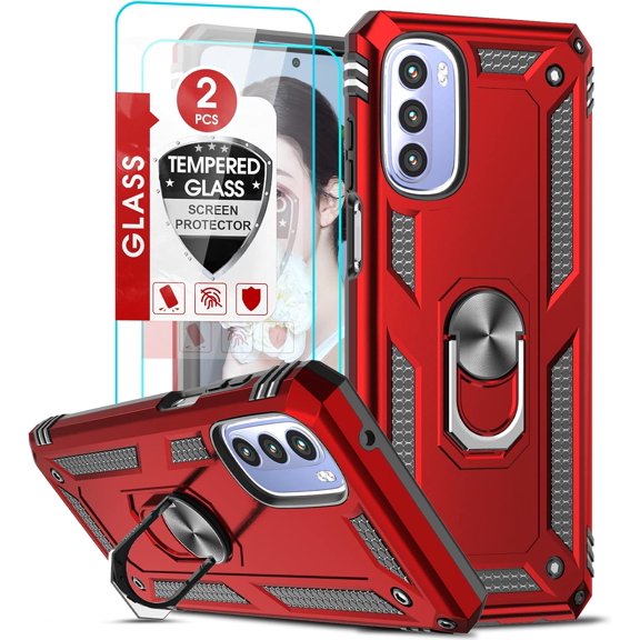 for Moto G Stylus 2022 Phone Case, Case for Moto G Stylus 4G with 2 Pcs Tempered Glass Screen Protector, [Military-Grade] Rugged Phone Case with Magnetic Ring Kickstand for Motorola G Stylus, Red