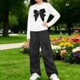 thumbnail image 2 of Girls Outfit Sets Nelozsy Girls Bow Print Long Sleeve Top Cargo Flare Pants 2Pcs Casual Outfit Set Black 5-6 Years, 2 of 8