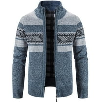 Jinda Men's Full Zip Cardigan Sweater Warm High Neck Slim Fit Long Sleeve Cable Knit Cardigan Thick Striped Sweater Jacket Blue 42