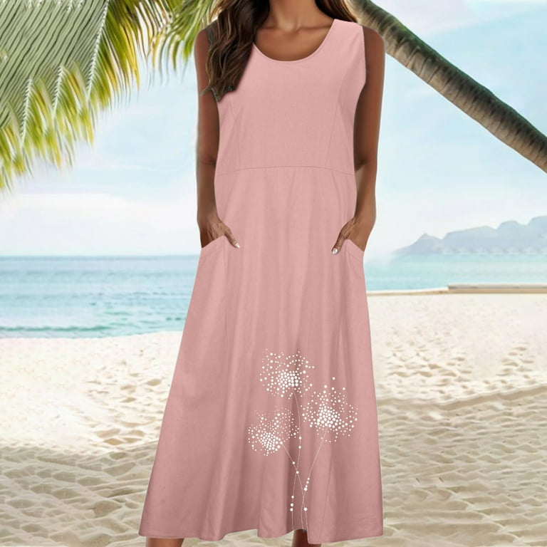 Uppada Summer Dresses for Women Sleeveless Solid Casual Baggy Flowy Maxi Linen Dress Plus Size Sundress Elegant Flowy Dresses Loose Comfy Dress with