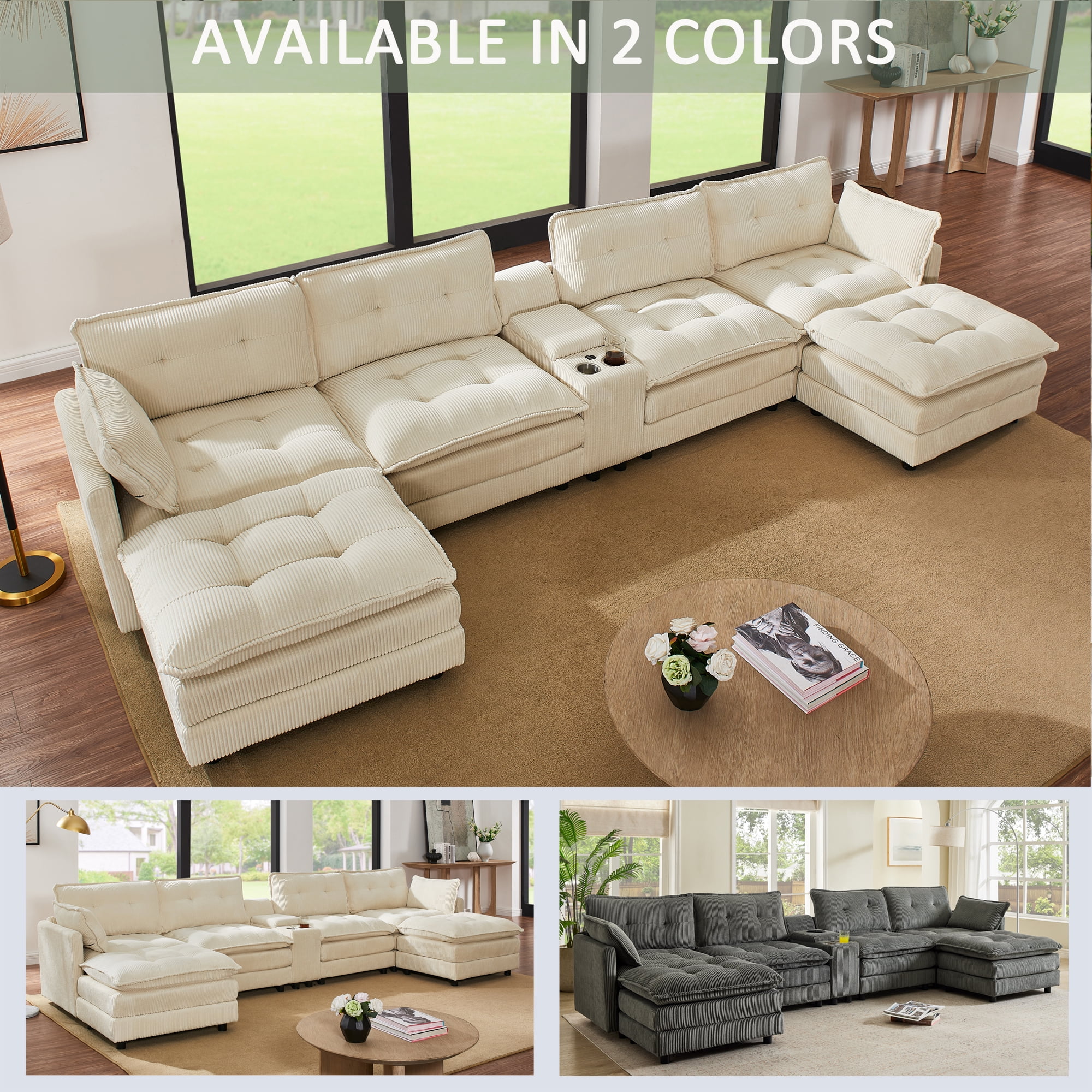 Gewnee 154" U-Shaped Sectional Sofa,Modern Corduroy Modular Sofa Couch with Storage Function,USB &Cup Holders,Movable Ottoman Sectional Couch for Living Room,Beige