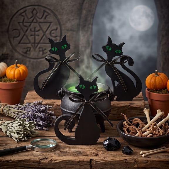 3Pcs Halloween Black Cat Wood Decorations, 5.12 Inch Black Cat Tabletop Ornaments, Spooky Party Tray Decor for Shelf Mantel Home