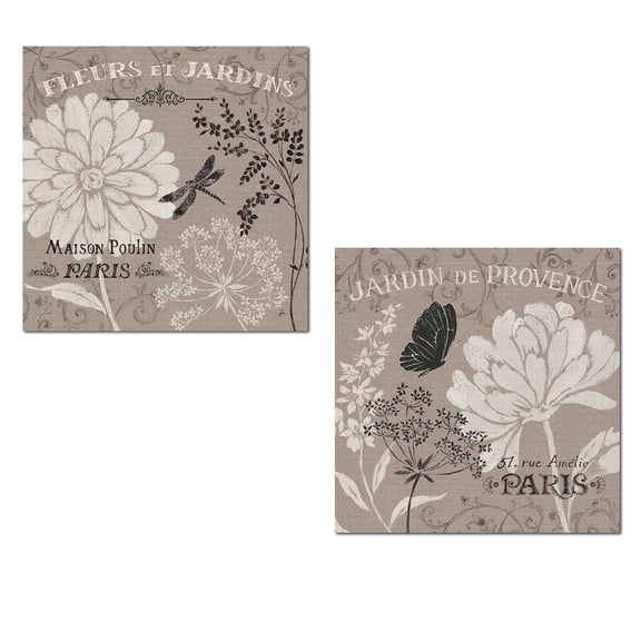 White and Black French Flowers, Butterfly and Dragonfly Adult Decor; 2 - 12" x 12" Unframed Posters