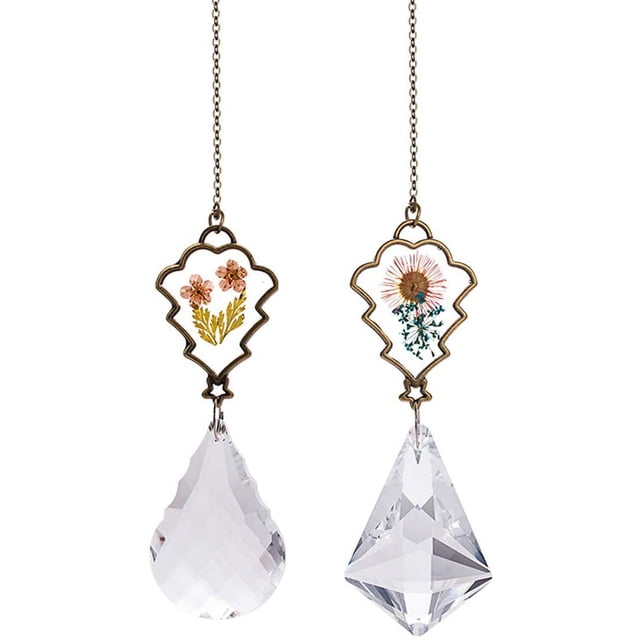 Cristal con colgante de gato de flores prensadas incrustadas reales, adorno de ventana de prisma, decoración de 3