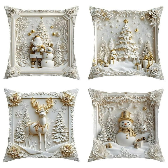 Set of 4 Winter Throw Pillow Covers,White Christmas Theme Decorative Cushion Cases,Luxury Christmas Themed Cushion Covers,Holiday Farmhouse for Sofa Bed Couch Home Living Room 18x18 Inch