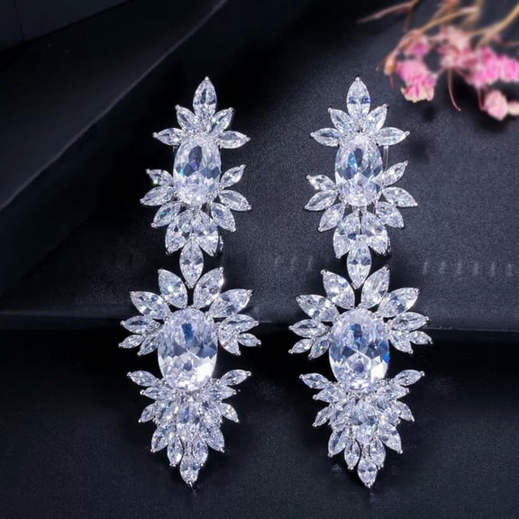 Luxury Cubic Zircon Stone Crystal Setting Big Long Drop Dangle Wedding Earrings