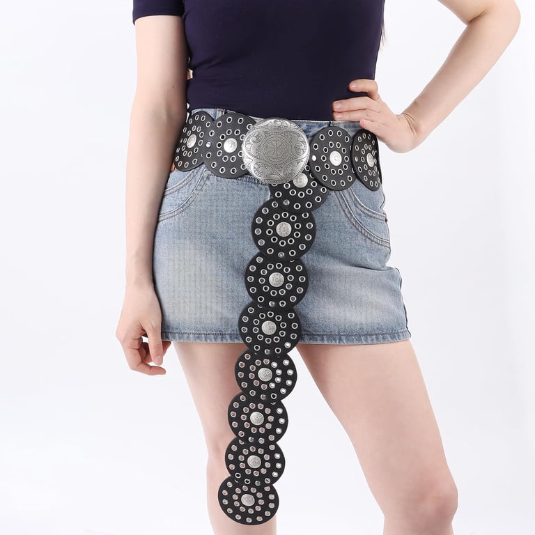 Hollow Disc Belt Western Style Metal Buckle Vintage Belt Brand new Heyjoin Hollow Wide Disc Belt for Women Out Round Leather  main image 2