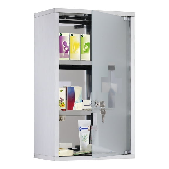 Locking Medicine Cabinet Wall Mounted, Kleankin 12x20" Stainless Steel First Aid Cabinet, Lockable Bathroom Storage with Shelves & Keys, Silver