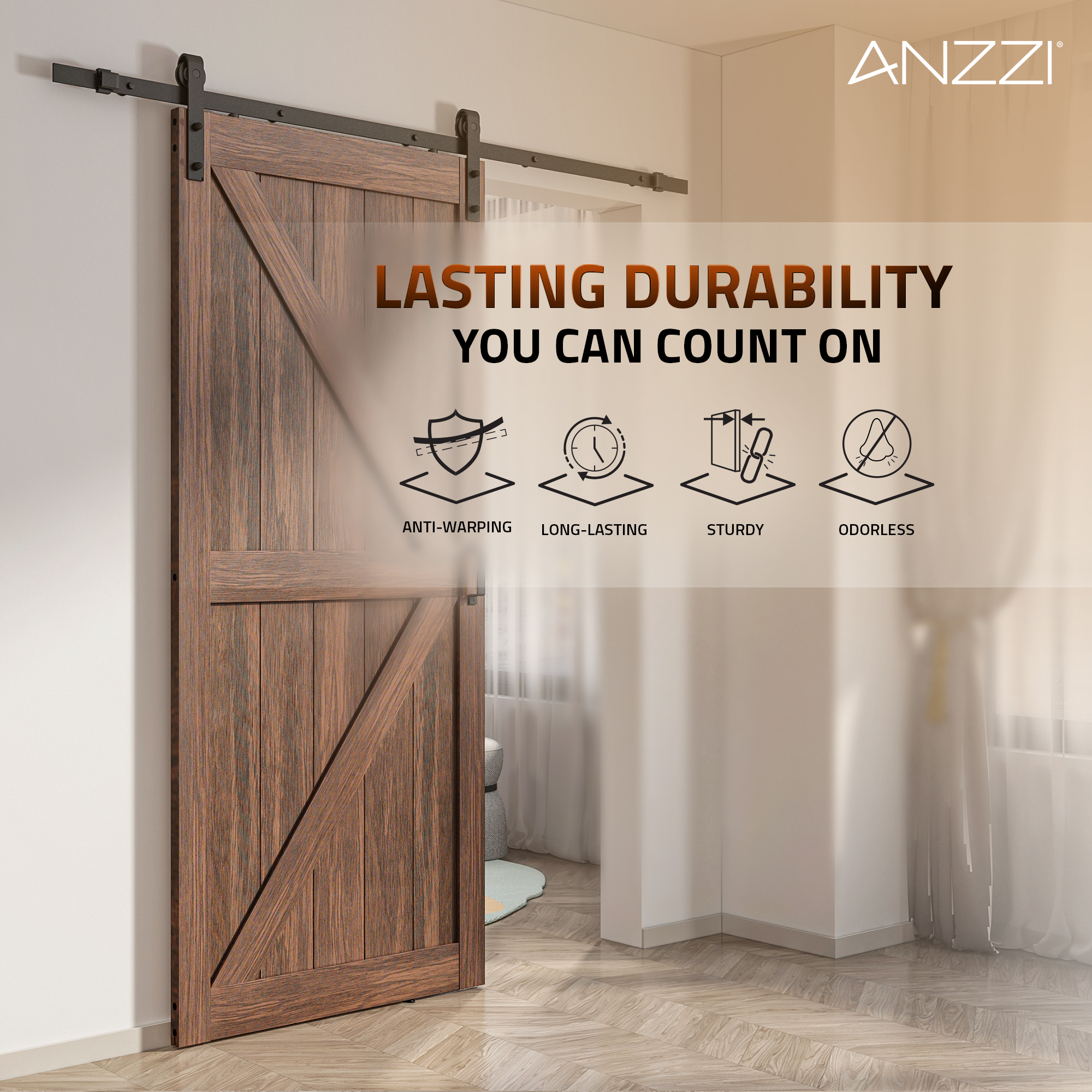 ANZZI Heavy Duty Sturdy Sliding Barn Door - 36x84'' Brown Sliding Wood Single Slide Door - Solid Core MDF + PVC - Knockdown Design - Barn Doors and Hardware Included - Space-Saving Solution