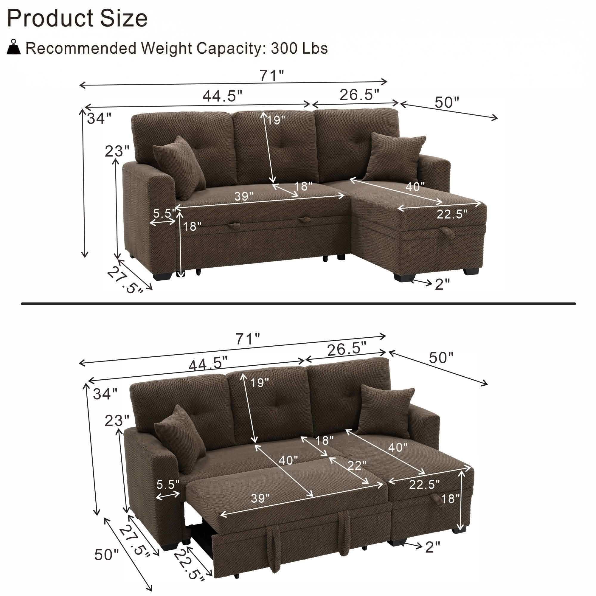 MAYEERTY L‑Shaped Sleeper Sectional Sofa, Convertible Pull‑Out Bed with Reversible Storage Chaise, Dark Gray Breathable Polyester Fabric for Small Living Spaces