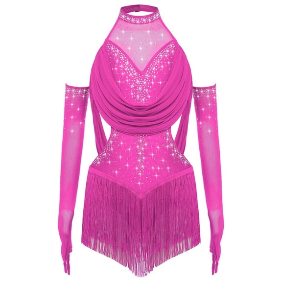 YiZYiF Girl's Glittery Bodysuit with Mesh Gloves Fringe Latin Dance Dress Salsa Tango Tassel Skirted Hot Pink 6