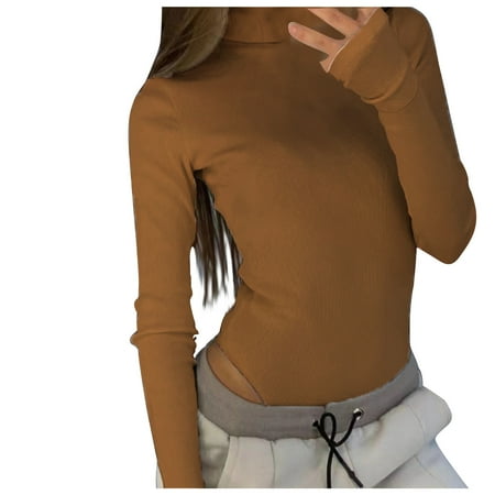 

TFDZ Bodysuit For Women Shapewear Bodysuit For Women Womens Solid Rompers Jumpsuit High-necked Long Sleeve Jumpsuit Bodysuit Brown