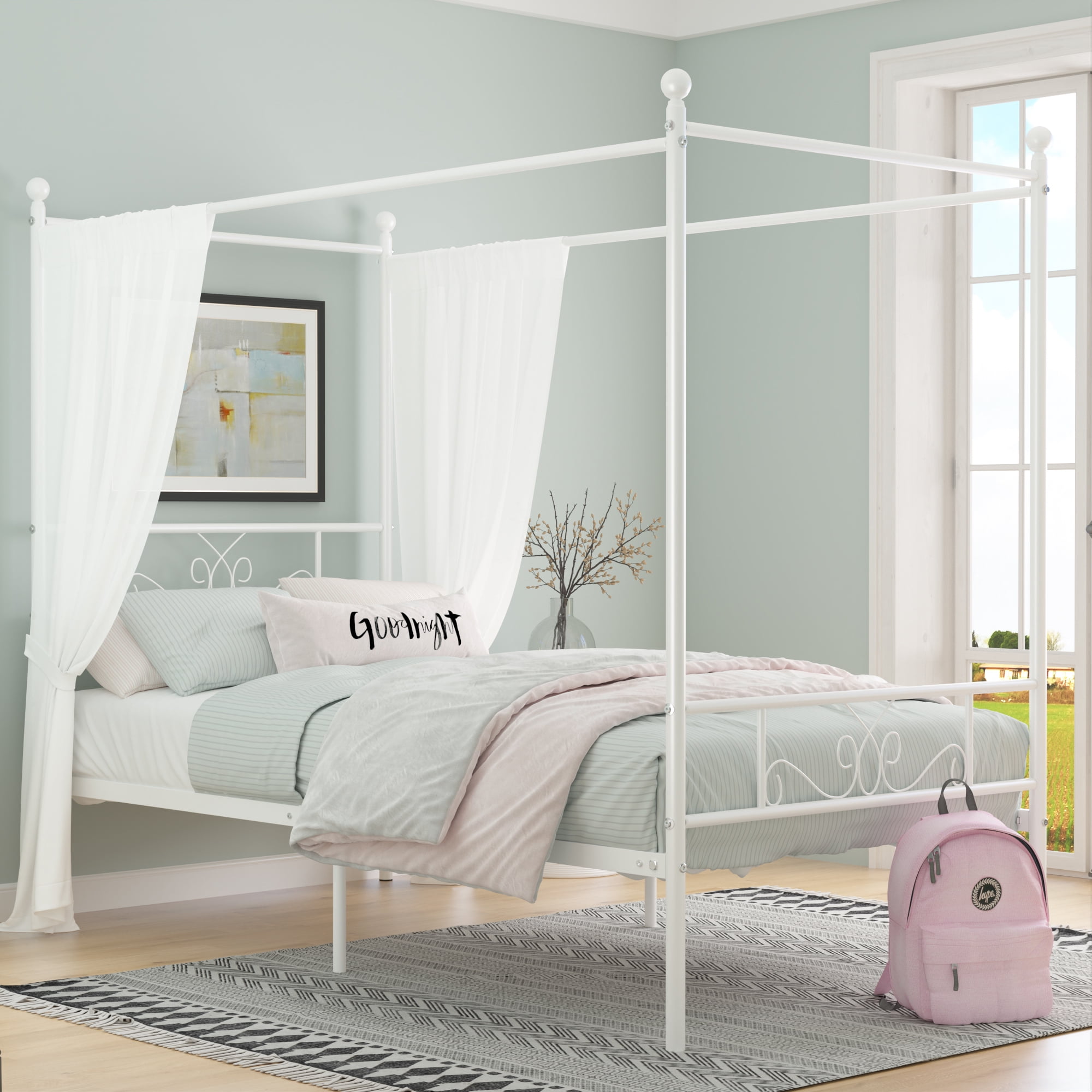 White Canopy Bed Frame Metal Modern Platform Twin Size Kids Girls Bedroom 