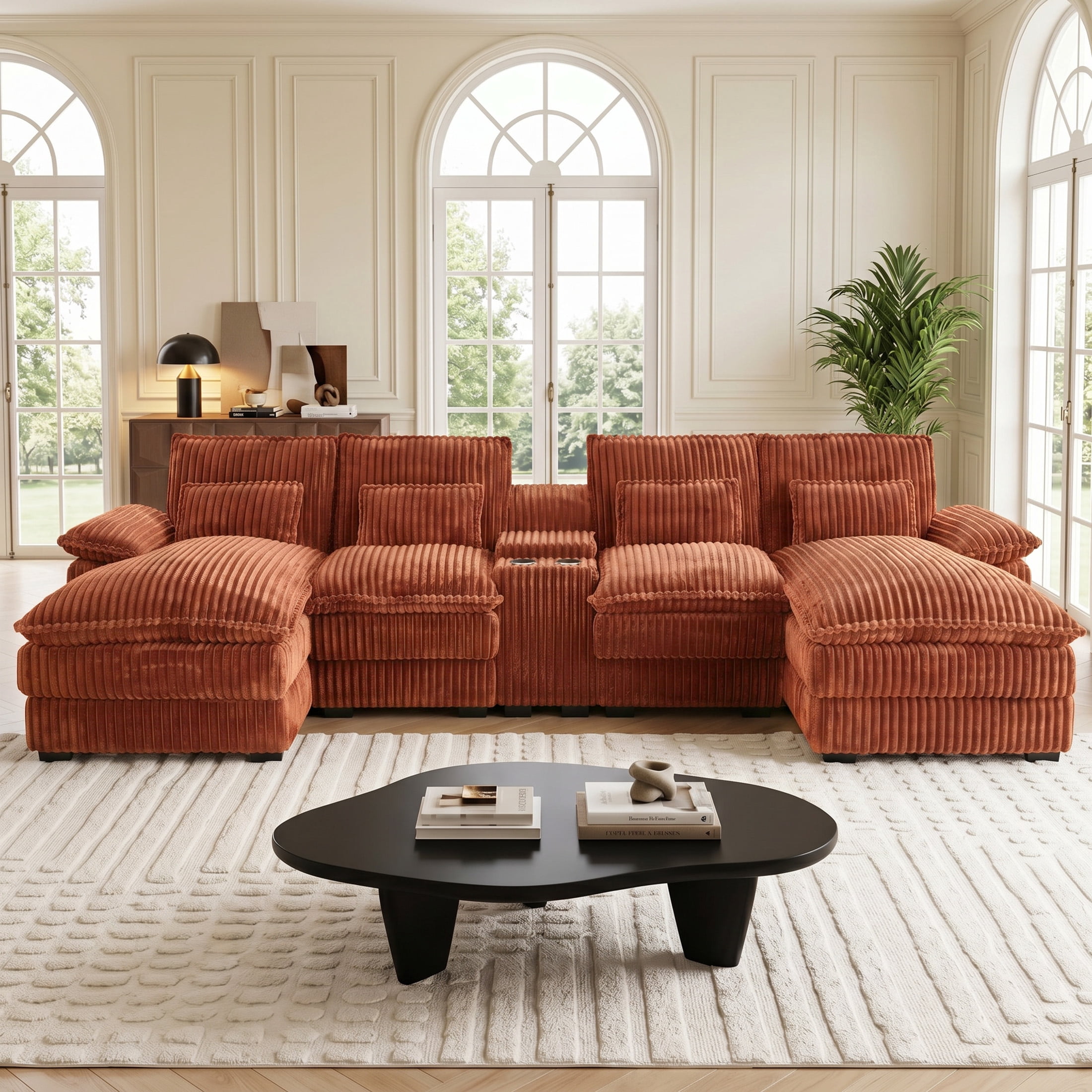 Aenkyo 125 Inch Chenille U-Shaped Sectional Sofa with Console and USB Ports, Orange