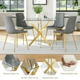 thumbnail image 6 of 36" Square Glass Dining Table Set, Modern Stainless Steel Cross-Leg Base with 4 Gold-Grey Velvet Upholstered Dining Chairs, for Dining Rooms, Cafes, Apartments, 6 of 7
