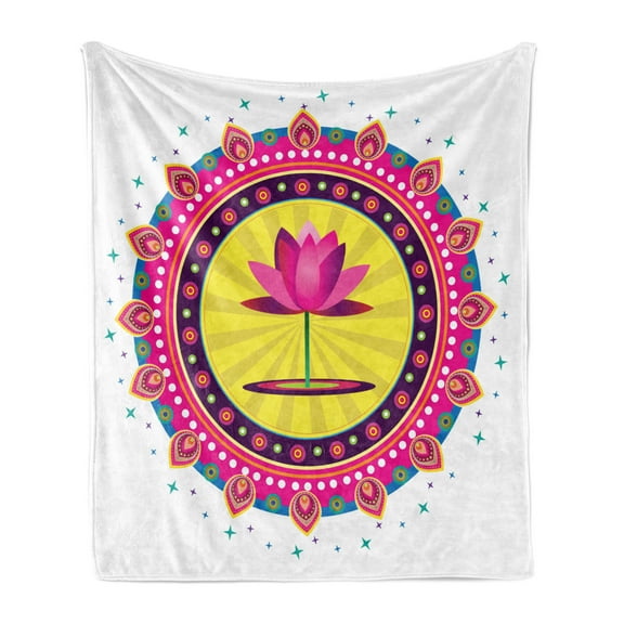 Lotus Flower Soft Flannel Fleece Throw Blanket, Circular Mandala Inspired Motif a Pinkish Blossom Boho, Cozy Plush for Indoor and Outdoor Use, 60" x 80", Multicolor, by Ambesonne