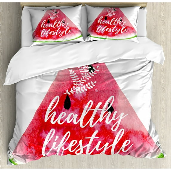 Fitness Duvet Cover Set Queen Size, Healthy Lifestyle Themed Quote on Vivid Hand Drawn Watermelon Figure with Herbs, Decorative 3 Piece Bedding Set with 2 Pillow Shams, Multicolor, by Ambesonne