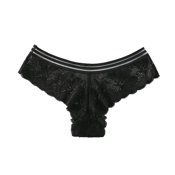 Gibobby Bikini elástico algodón Bragas mujer, Tanga, conjunto colores, lencería opcional, bragas Tanga encaje con lados flores huecas (Negro, L)