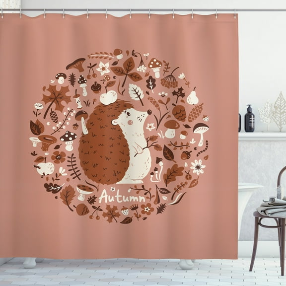 Ambesonne Hedgehog Shower Curtain, Autumn Elements Pine, 69"Wx75"L, Coral Brown
