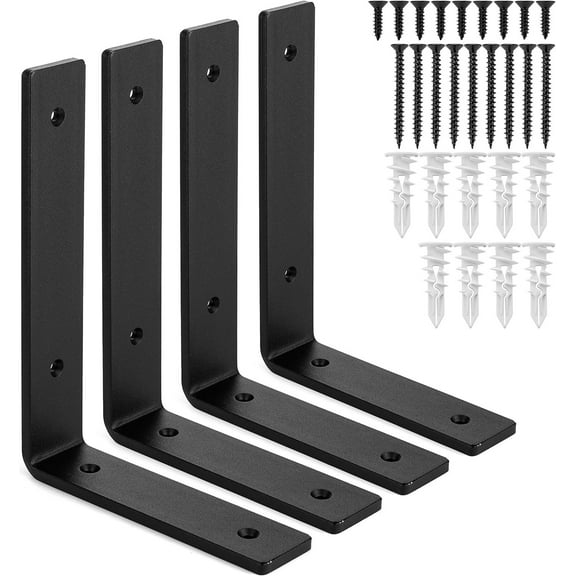 Solenne Premium Heavy-Duty Shelf Brackets - Quarter Inch (1/4") Thick - Rustic Industrial Modern Farmhouse Black Iron Finish Open Shelving Holder Hanger w/ Hardware
