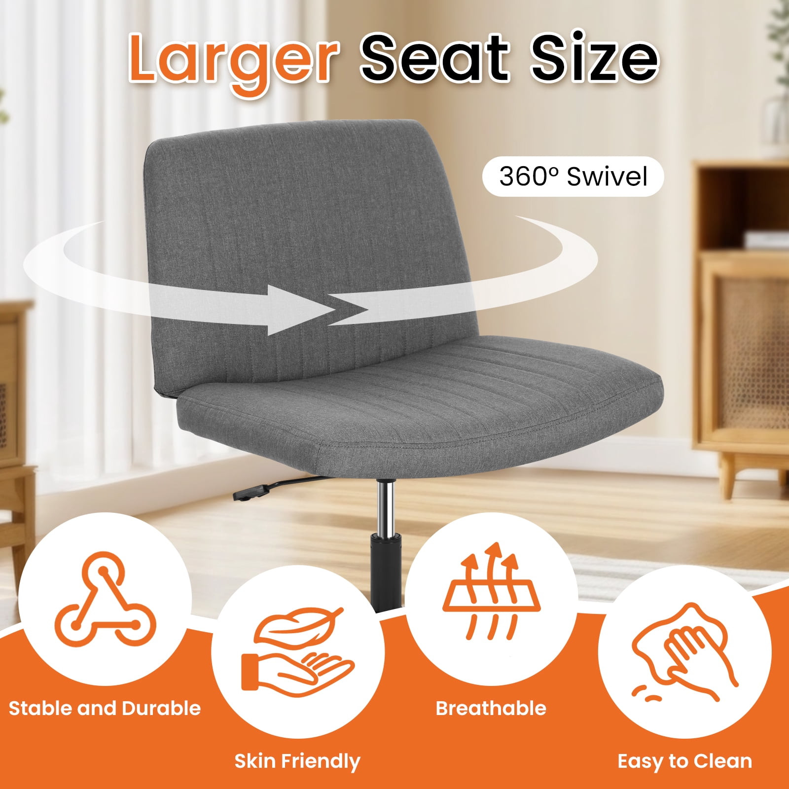 Dkelincs Criss Cross Chair Adjustable Wide Computer Desk Chair Armless Vanity Chair Modern Task Chair No Wheels, Gray