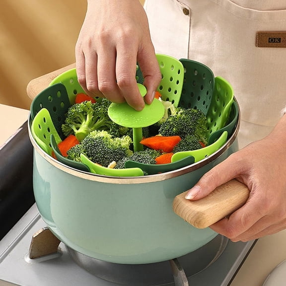 NORIZF Food-Grade Silicone Vegetable Steamer Basket Perforated Quick-Draining Foldable Space-Saving for Pots Steamers,Silicone Steamer Basket Green