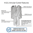 thumbnail image 3 of Accusize Industrial Tools 1-3/8" Cutting Dia x 1''"Cutting Depth H.S.S. Annular Cutter Plus 1 Pilot Pin, 2080-2027PINx2, 3 of 6